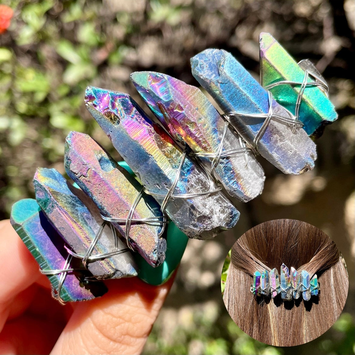 Broches con cuarzo blanco + acabado aura